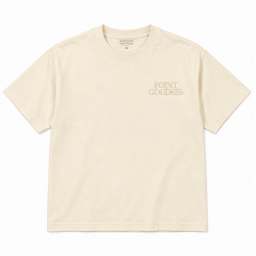 Point Goddess ivory oversize tee with embroidered logo.