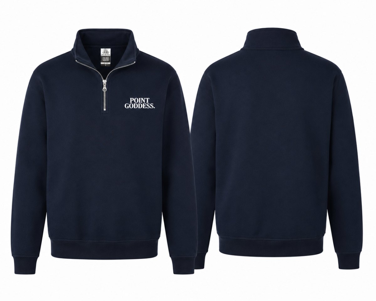 Point Goddess navy blue quarter zip with embroidered logo.