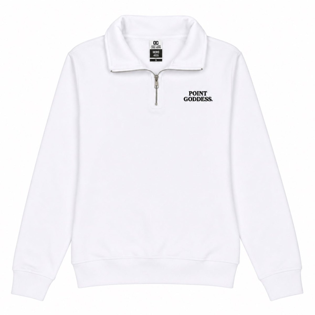 Point Goddess white quarter zip with embroidered logo.