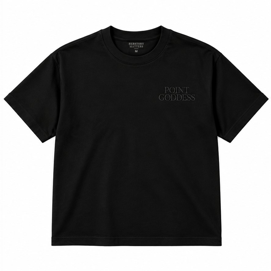 Point Goddess black oversize tee with embroidered logo.