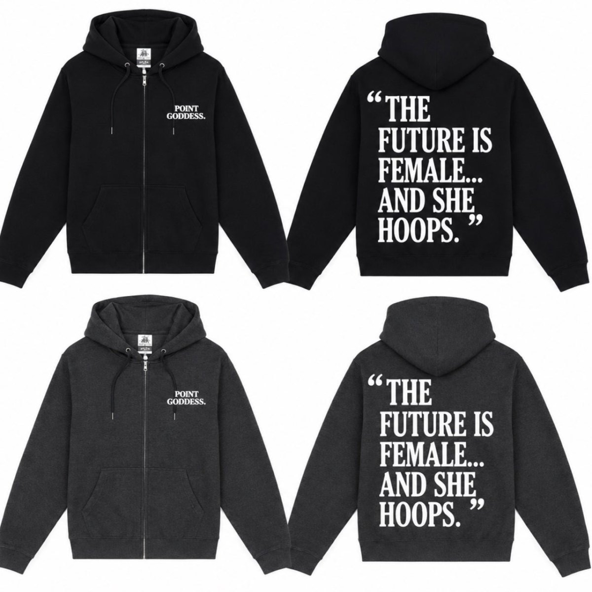 Point Goddess black full-zip hoodie with embroidered PG mark.